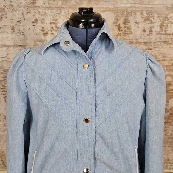 Vintage 1980s Blue Chambray Bomber Jacket Yoke vtg 80s Puff Sleeve S Light Denim - Picture 8 of 10